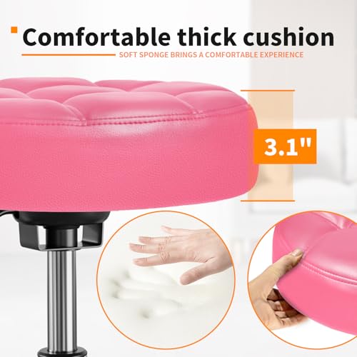 Image of Rolling Stool PU Leather Round - Ultra Soft Padded Seat Cushion Stool with Wheels with Footrest, Weight Capacity 300lb,Adjustable Height Stool for Tattoo Massage Salon Medical Spa Center (Pink)