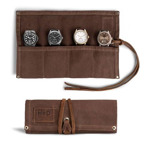 Image of Hide & Drink, Waterproof Waxed Canvas Travel Watch Roll Organizer with 4 Slots, Easy Carry On Watchlover Storage, Handmade Travel Case, Honey Bourbon
