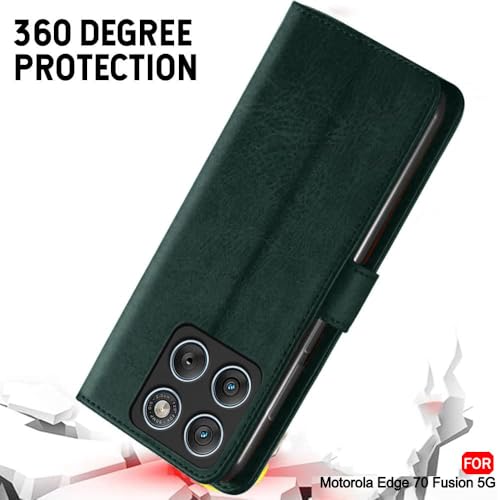 Image of TheGiftKart Flip Cover Back Case for Motorola Moto Edge 70 Fusion 5G | Genuine Leather Finish | Designer Button | Inbuilt Pockets & Stand | Wallet Style Flip Back Cover Case (Faux Leather, Green)