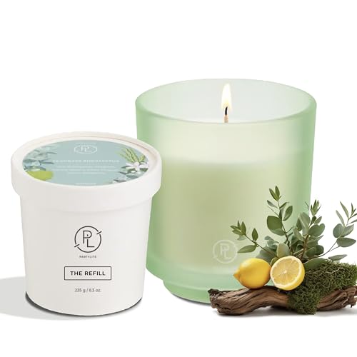 PartyLite Seagrass Eucalyptus Scented Jar Candle + (1) Refill – Notes of Eucalyptus, Lemon, Seagrass & Driftwood, 10oz 1-Wick Aromatherapy Candle