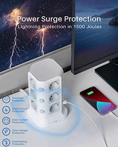 KOOSLA Tour multiprise parafoudre et surtension(4000W/16A), Multiprise Electrique avec 6 Ports USB et 12 Prises, multiprise avec et 3 Interrupteurs, 2M Cordon, Blanc – Image 4
