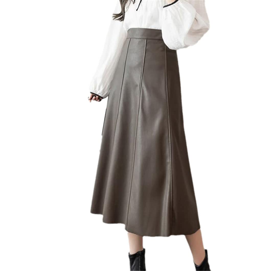 Falda Larga de Piel sintética para Mujer, Estilo Patchwork, Cintura Alta, Corte en A (Caqui, XL)