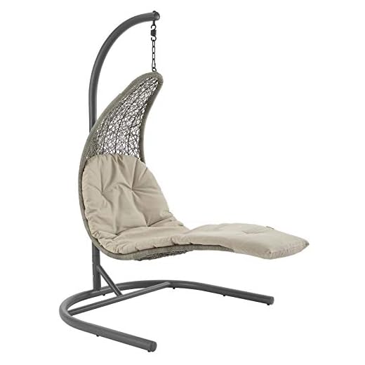 Modway Landscape Wicker Rattan Outdoor Patio Porch Chaise Lounge Hanging Swing Chair Set with Stand in Light Gray Beige