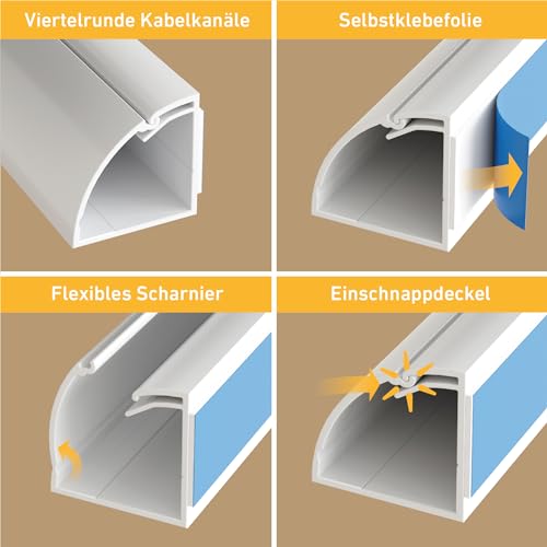 D-Line Viertelrunde Kabelkanäle, Kabelführungen Selbstklebender, Kabelleiste - 4X 22mm (B) x 22mm (H) x 1-Meter Längen (4-Meter) - Weiß