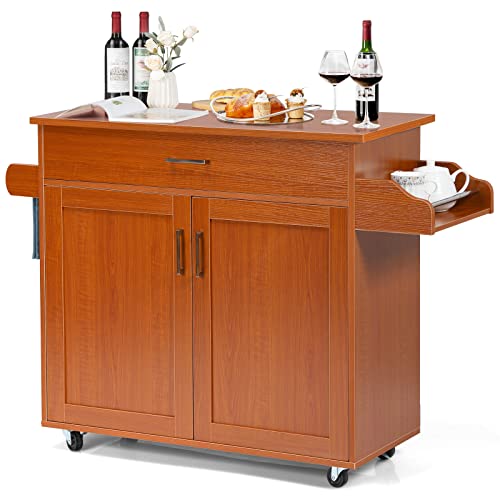 COSTWAY Kitchen Island Cart Rolling Storage Trolley Cart with Lockable Rubber Wheels Large Cabinet Drawer Spice Rack and Towel Rack Kitchen Serving Utility 3 Position Adjustable Shelf Cherry
