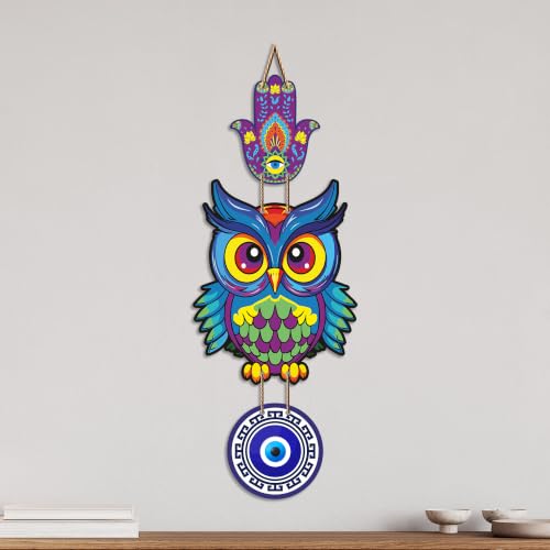 Image of Artvibes Multicolor Owl Evil Eye Wall Decor for Home Entrance | Nazar Battu MDF Decorative Hanging | Positive Energy Vastu Art for Living Room | Balcony | Office & Main Door | Gift Item (WH 8527N)