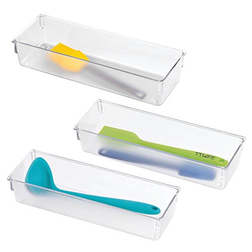 mDesign Compact Plastic Kitchen Cabinet Drawer Organizer Tray - Storage Bin for Cutlery Serving Spoons Cooking Utensils Gadgets - BPA Free Food Safe - 3 Wide 3 Pack - Clear