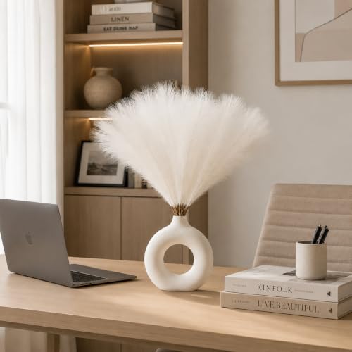 Image of Artificial Pampas Grass Set of 3 for Home Decor, Faux Fluffy Dried Flower Stems for Vase Decoration, Boho Table Centerpiece, Artificial Flowers for Living Room Bedroom Office Decor. (White)