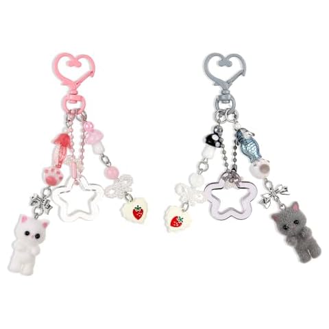 Vin Beauty 2pcs Cute Pink Blue Keychain Fuzzy Cat Keychain Aesthetic Y2k Heart Shaped Pendant Keychain Plush Bag Charms Cute Cat Purse Charms Plush Keychains for Girls Bags and Backpacks Accessories Cover