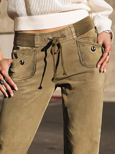 Flamingals Women's Flap Decor Drawstring Waist Mid Rise Straight Leg Crop Pants2