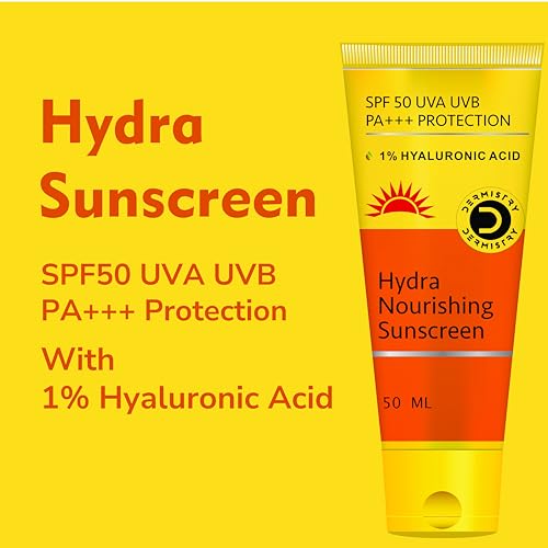 Image of Dermistry 1% Hyaluronic Sunscreen SPF 50 Oil Free Water Based Aqua Gel For Dry Oily Acne Prone Combination & All Skin Types Lightweight Non-Greasy No White Cast Broad Spectrum UVA UVB Protection 50ml