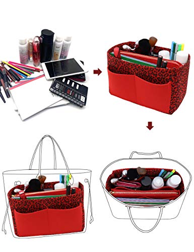 Image of LEXSION Felt Purse Bag Organizer Insert with zipper Bag Tote Shaper Fit Speedy Neverful PM MM, 1-R-Leopard, Slender Medium
