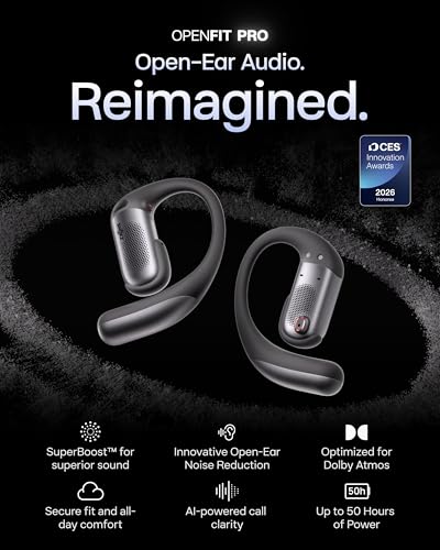SHOKZ OpenFit Pro Open Ear True Wireless Earbuds with Open Ear Noise Reduction Optimised for Dolby Atmos Deep Bass 50H Playtime AI Powered Clear Calls for Work Sport Bluetooth 61 IP55 Black