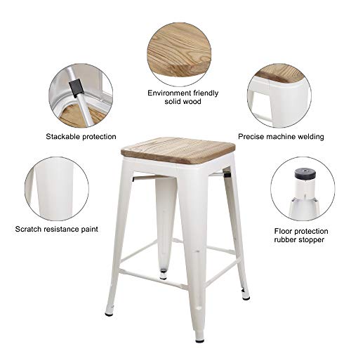 Gia Design Group 24" Cream White Backless Counter Height Metal Bar Stools Set Of 4 - Light Wood Metal Barstools, 400+ Pounds Capacity - Extra Durable And Stackable - 12"X12" Seat - Pre Assembled #TOP3