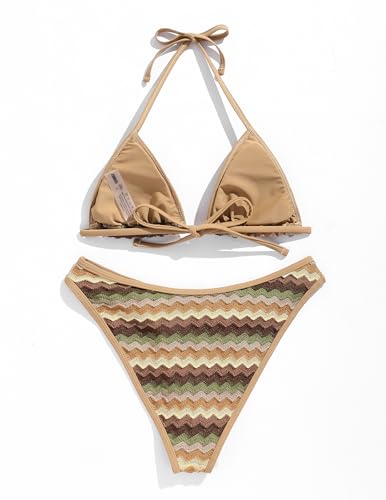 Image of seamoly Women's Bikini Sets Halter Neck Crochet Colorblock Two Piece Swimsuits Open Back Sexy High Cut Thong Bathing Suit