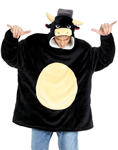 dressfan Disfraz de Toro Sudadera con Capucha de Disfraz de Carnaval y Halloween,Sherpa y Microfibra Toro Batamanta Manta con Capucha con Mangas para Hombres y Mujeres,Negro,Talla Única