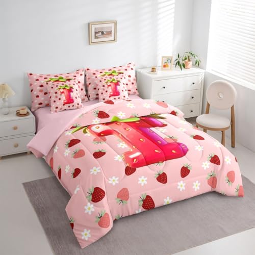 Image of Feelyou Girls Pink Red Strawberry Comforter Set with Sheets 7 Piece Queen Size Initial Letter I Bed in a Bag Kids Princess Strawberry Bedding Set Bedroom Decor Breathable Soft Lightweight Microfiber