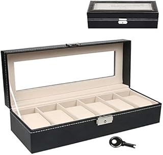 Watch Box, FOME 6 Slots PU Leather Storage Organizer for Watch Lockable Watch Case Organizer Jewelry Display Box with Protective Belt 6 Removable Pillows Framed Glass Lid for Men Women