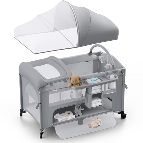 Image of Obee Odee 4 in 1 Baby Bassinet, Pack and Play, Bedside Crib Sleeper, Diaper Changer - Comes with Mattress, Mosquito Net，Bottom Storage and Toy Bar for Newborn to Toddles