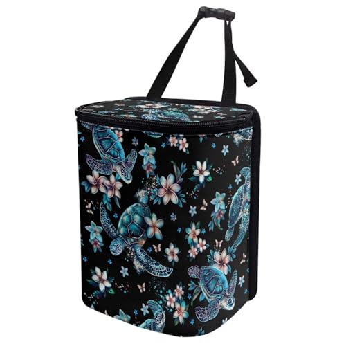 Image of Turtle Floral Print Car Trash Can with Lid Collapsible Waterproof Cars Garage Bag Reusable Hanging Automotive Garbage Bin Cars Accessories Interior Car Organizer