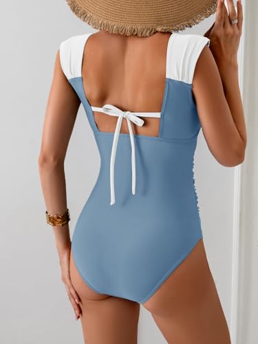 Image of B2prity Womens One Piece Swimsuit Retro Square Neck Tummy Control Bathing Suits Ruched Modest Full Coverage Swimwear