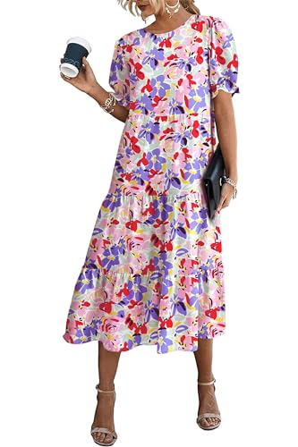 PRETTYGARDEN Summer Dresses for Women 2025 Casual Floral Boho Midi Sun Dress Puff Short Sleeve Flowy Beach Vacation Sundress (Print Multicolored,Small)