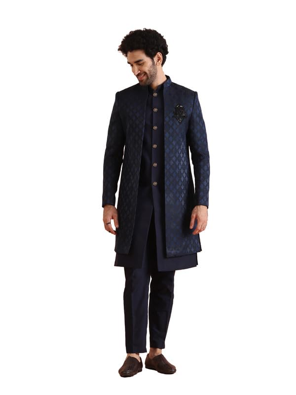 Kisah Mens Jacket Sherwani Trouser Set|Silk Blend Fabric Jacquard Pattern Indo-Western Sherwani Set For Men|Regular Fit Mandarin Collar Long Sleeves, Navy Blue, 44