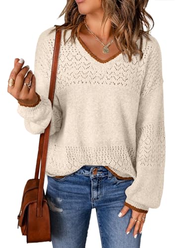 SHEWIN Women's Sweaters Casual Long Sleeve V Neck Lightweight Crochet Pullover Sweater Tops