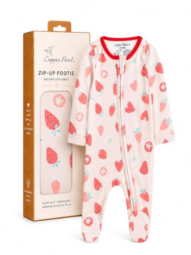 Copper Pearl Zip-Up Footie Baby Pajamas – Soft Newborn Onesies for Boys &amp; Girls, Tag-Free with Two-Way Zipper Baby Sleepers for Newborn - Strawberry, 12-18 Months