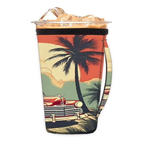 Coconut Tree Car Reusable Neoprene Coffee Sleeve with Handle Insulated Iced Coffee Cup Holder Reduces Condensation Fits 24-28 oz Cups M