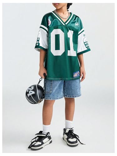 Image of BEAUDRM Girl's Jersey Shirts Leopard Number Print Jersey Shirt Cheetah V Neck Half Sleeve Oversized Tee Tops