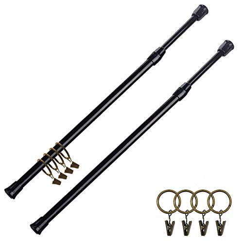ABK Tension Rods -2 Pack Spring Curtain Rods 28" to 48" Closet Rod with 4 Pieces Curtain Rings ï¼ŒExtendable Adjustable Spring Rods Shower Curtain Rods (Black)