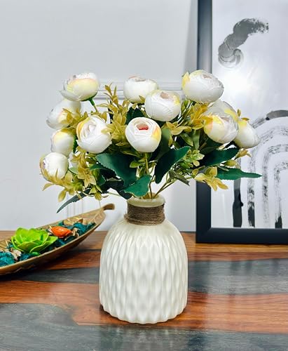 Image of Dekorly Artificial Peony Flowers Bunch | White Vase with Flowers Bunch | Artificial Plants for Home Office Hotel Decor | Bedroom Living Room Bathroom Decor (White, Height : 30CM)