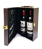 Elegante 2 Botella Vino Caja con Herramientas - Cuero Encuadernado con Asa de Transporte - Sacacorchos, Vertedor, Aluminio Cortador, Servilleta / Goteo Anillo { Vino No Incluido }