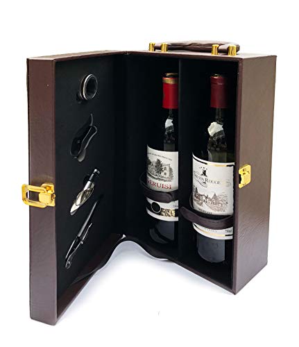 Elegante 2 Botella Vino Caja Con Herramientas - Cuero Encuadernado Con Asa De Transporte - Sacacorchos, Vertedor, Aluminio Cortador, Servilleta Goteo Anillo Vino No Incluido