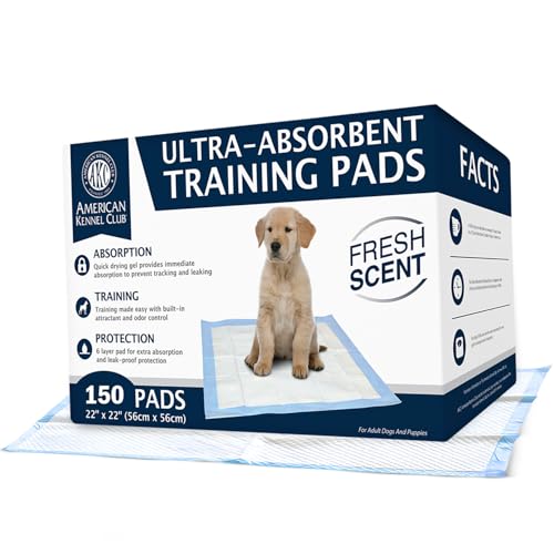 American Kennel Club Ultra Absorbent Odor Control Scented Training Pads For Dogs Leak-proof Quick Dry Gel – 22 x 22 Puppy Pads - Fresh Scented - Pack of 150