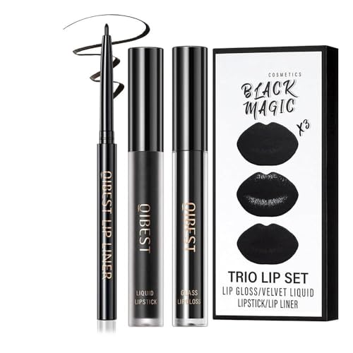 3Pcs Black Matte Liquid Lipstick and Lip Liner Set - Black Lip Gloss Stain Lipliner Set, Moisturizing Velvet Liquid Lipstick/Non-Stick Cup Lipgloss for Halloween Goth Makeup