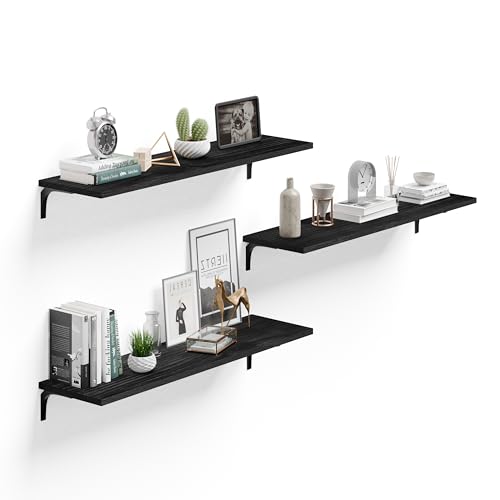 Image of Deep Floating Shelves, 12 Inch Extra Wide Solid Wood Wall Shelves, Heavy Duty Wall Mounted Bookshelf for Living Room, Kitchen and Bedroom, Set of 3 (36 Inch, Black)