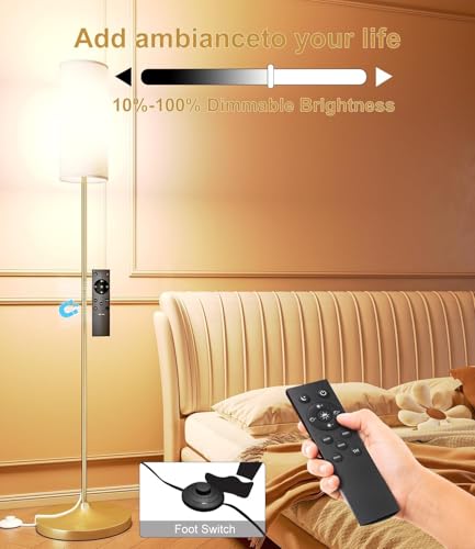 Image of luckystyle LED Floor Lamp for Living Room, Dimmable Standing Lamps with Foot Switch,Remote Custom Color Temperature Gold Pole Lamp with Lampshade,12W Led Bulb Tall Lamps for Bedroom Office Kid Room