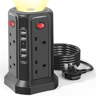 Tower Extension Lead with USB Slots 3M, 20W Fast Charger with Night Light, (13A 3250W)5 USB Ports & 8 Way, Surge Protected Extension Lead with 4 Independent Switch, Extension Cable for Home Office