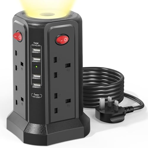 Tower Extension Lead with USB Slots 3M, 20W Fast Charger with Night Light, (13A 3250W)5 USB Ports & 8 Way