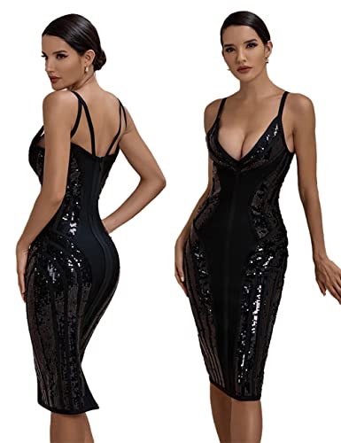 Maketina Womens Sequin Bandage Dresses V Neck Sleeveless Bodycon Dress Wedding Party Black Xl #TOP1