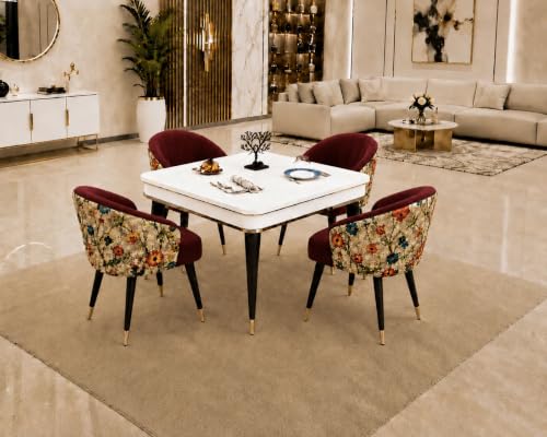 Image of WOODEN SPACE 4 Seater Wooden Dining Table Set | Urban Marble Top Dining Table with Chairs for Dining Room & Kitchen (Modern Classic Printed Maroon) (42 x 42 x 30 inch)