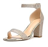 Mettesally Women's Chunky Heels Metallic Glitter Party Ankle Strap High Heel Open Toe Wedding Sandals, Gold, 7.5