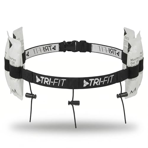 TRI-FIT Race Number Belt | 6 Energy Gel Loops | Three Bib-Lock Toggles | Designed For Triathlon Marathon Running Cycling & Ironman