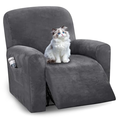 QQJIN Velvet Recliner Chair Cover with Side Pocket, 3 Piece Non Slip Recliner Cover, 1 Seat Stretch Recliner Protector Form Fitted Thick Soft Washable for Living Room, Pet, Kids,Grey