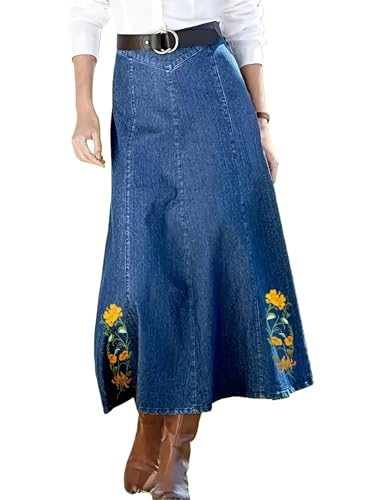 Tozamil Women's Embroidered Long Denim Skirt A-Line...