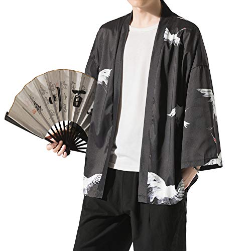 Image of PRIJOUHE Men's Japanese Kimono Cardigan Jackets Casual Long Sleeve Open Front Coat Lightweight Yukata Outwear