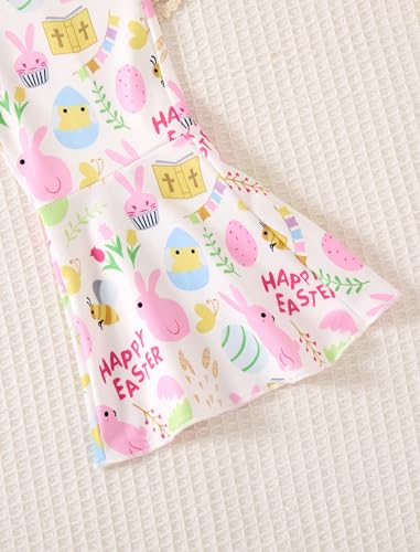 Image of Easter Outfit Toddler Girl Bunny Print Short Sleeve Tee Shirt Cute Flare Pants Easter Outfits for Girls 2-6T