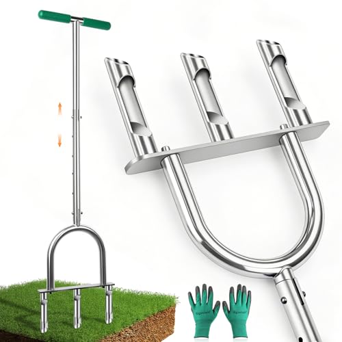 Bigwish Manual Lawn Aerator Tool with 3 Hollow Tines, Adjustable Height Stainless Steel Core...